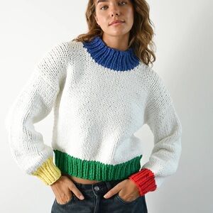 Colorful Women's Sweater with Blue Collar